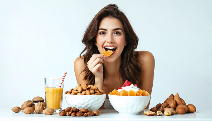 Woman savoring a healthy snack mix of freeze-dried candy, nuts, and yogurt