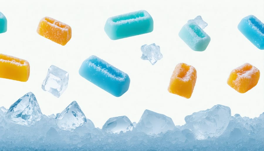 Illustration showing the freeze-drying process with candy pieces surrounded by ice crystals